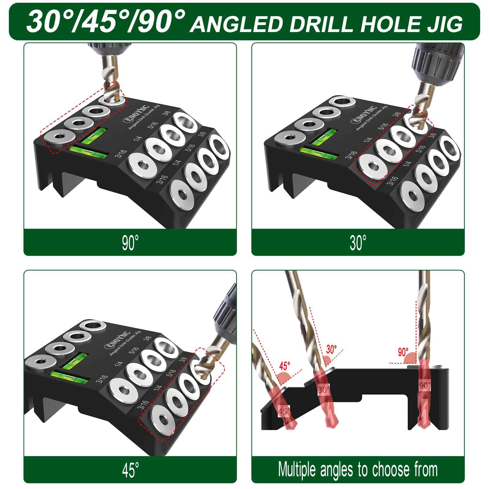 ENGYNC 30 45 90 Degree Angled Drill Guide Jig with 2 Torpedo Level, 4 Sizes Portable Drilling Hole Guide Jig for Straight and Angle Stairs Handrail, Cable Railing, Deck, Wood Post Level Design