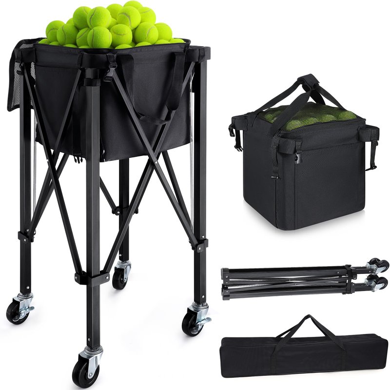 TOBWOLF Foldable Tennis Ball Cart, Holds 160 Tennis Balls, Portable Tennis Ball Hopper with Wheels, Compact & Lightweight Tennis Teaching Cart Practice Hopper for Baseball Softball Tennis Pickleball