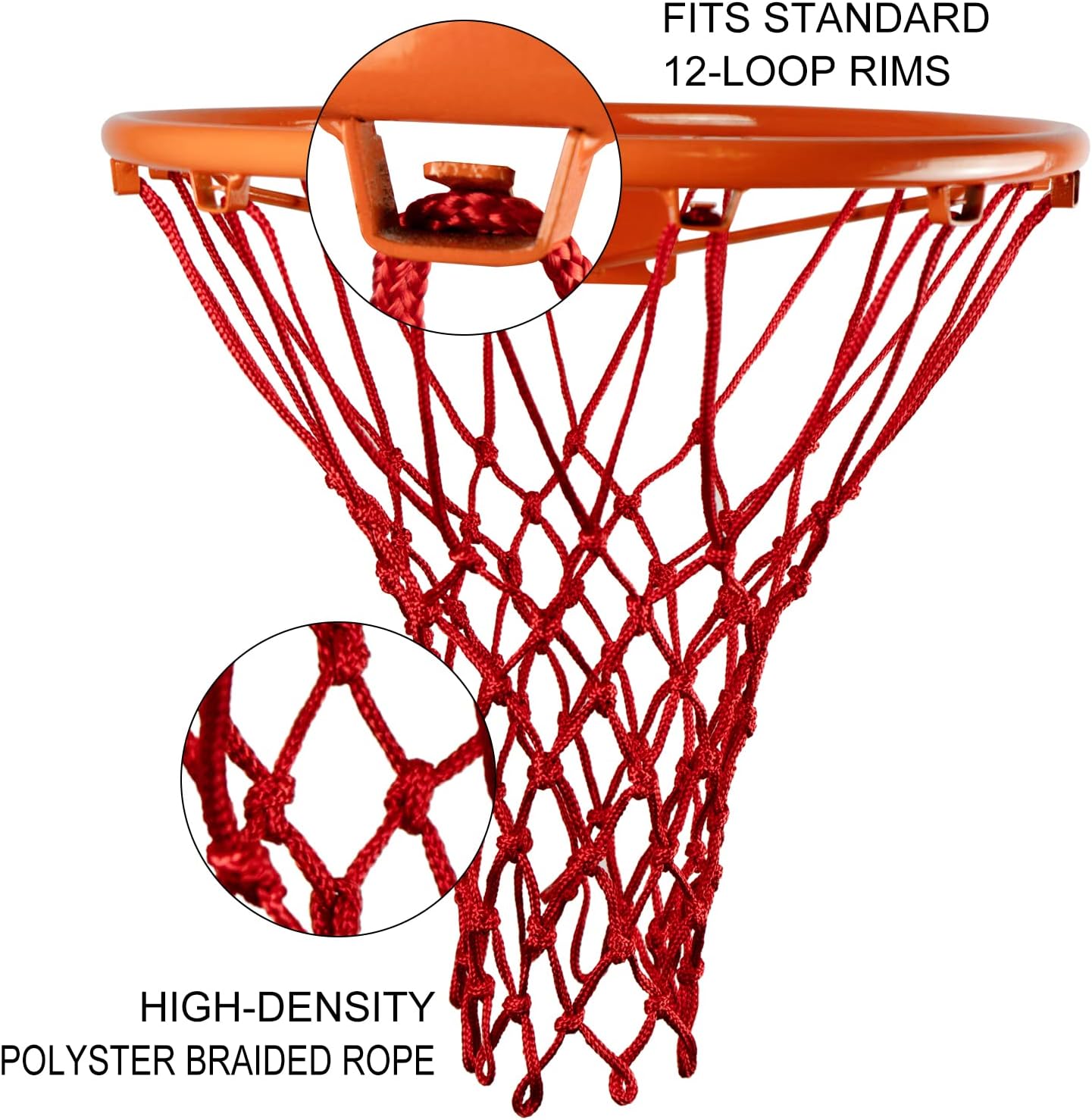 Sanung Basketball Net Replacement - Heavy Duty Anti-Whip Design | 12 Loops, Red, Standard Size for Indoor/Outdoor Use