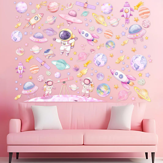 Kreatwow 2pcs Outer Space Wall Stickers for Girl Outer Space Wall Decorations Pink Astronaut Planet Decal Solar System Birthday Decoration Galaxy Rocket Cling Sticker Galaxy Astronaut Party Home Decor