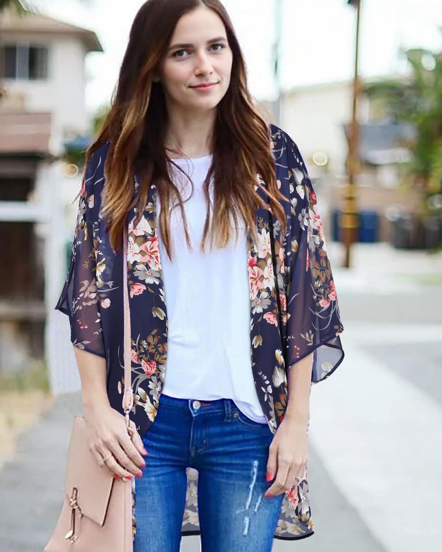 Kimono Cardigans for Women Floral Print 3/4 Sleeve Loose Cover Up Casual Blouse Tops (Navy Blue,M)