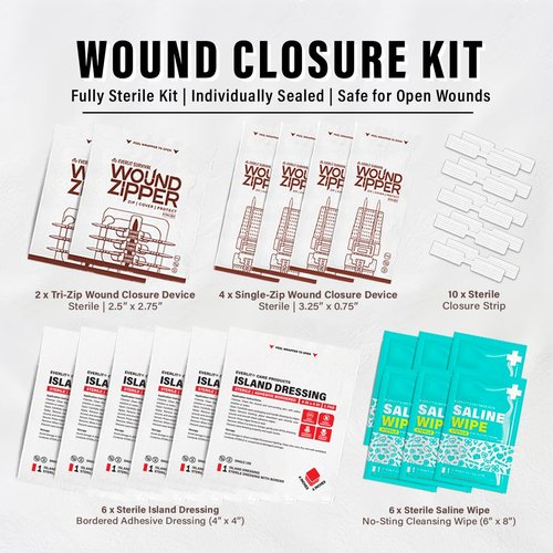 EVERLIT CARE Wound Closure Kit | 28 Pcs All-in-One First Aid with Suture-Free, Stitchless Zip Devices, Butterfly Bandages, for up to 6" Wounds | 100% Sterile Medical Supplies to Clean, Cover & Heal