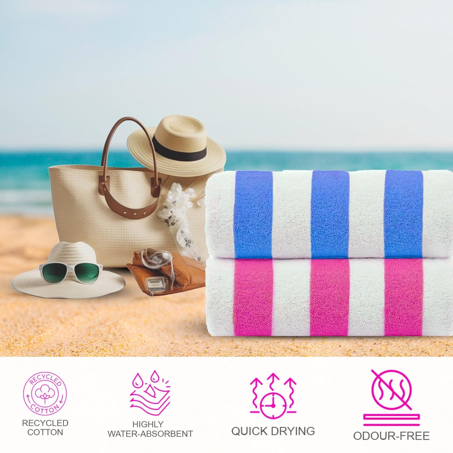 CASA COPENHAGEN Cabana Towel 4Pcs Multicolour Designer Stripe Beach Towels Gift Set, 30"x60" Oversized 100% Cotton Pool Bath Towel for Beach Gift Set (Perfect Summer Gift Set for Women & Men)