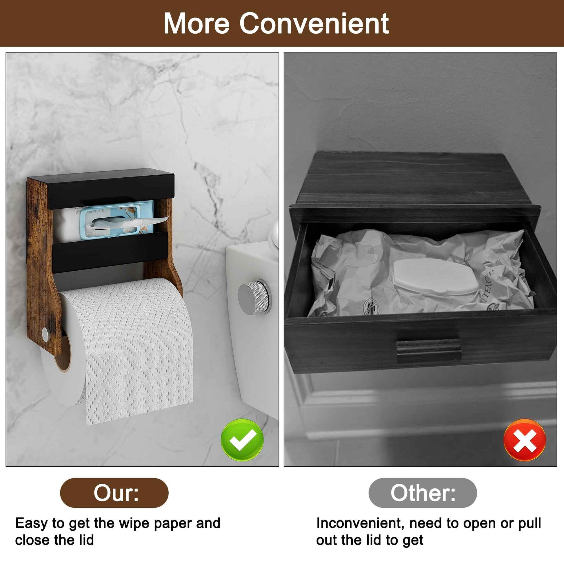 TQVAI Toilet Paper Roll Holder Wall Mounted Self Adhesive No Drill Magnetic Toilet Paper Storage with Wipes Holder for Bathroom, Restroom, Kitchen, Regular Super Double Mega Roll - Vintage/Black