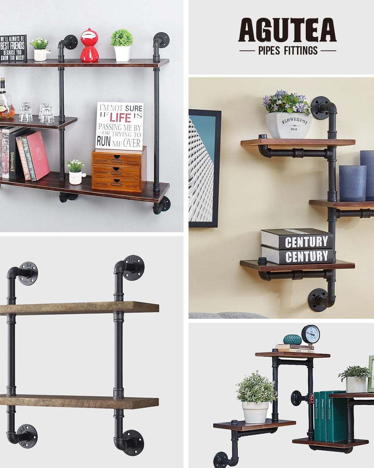 AGUTEA Black Durable U-Clamps Metal Pipe Clamps Double Hole Double Hole Pipe Strap DIY U-Bracket (Pack of 6) (1/2 INCH)