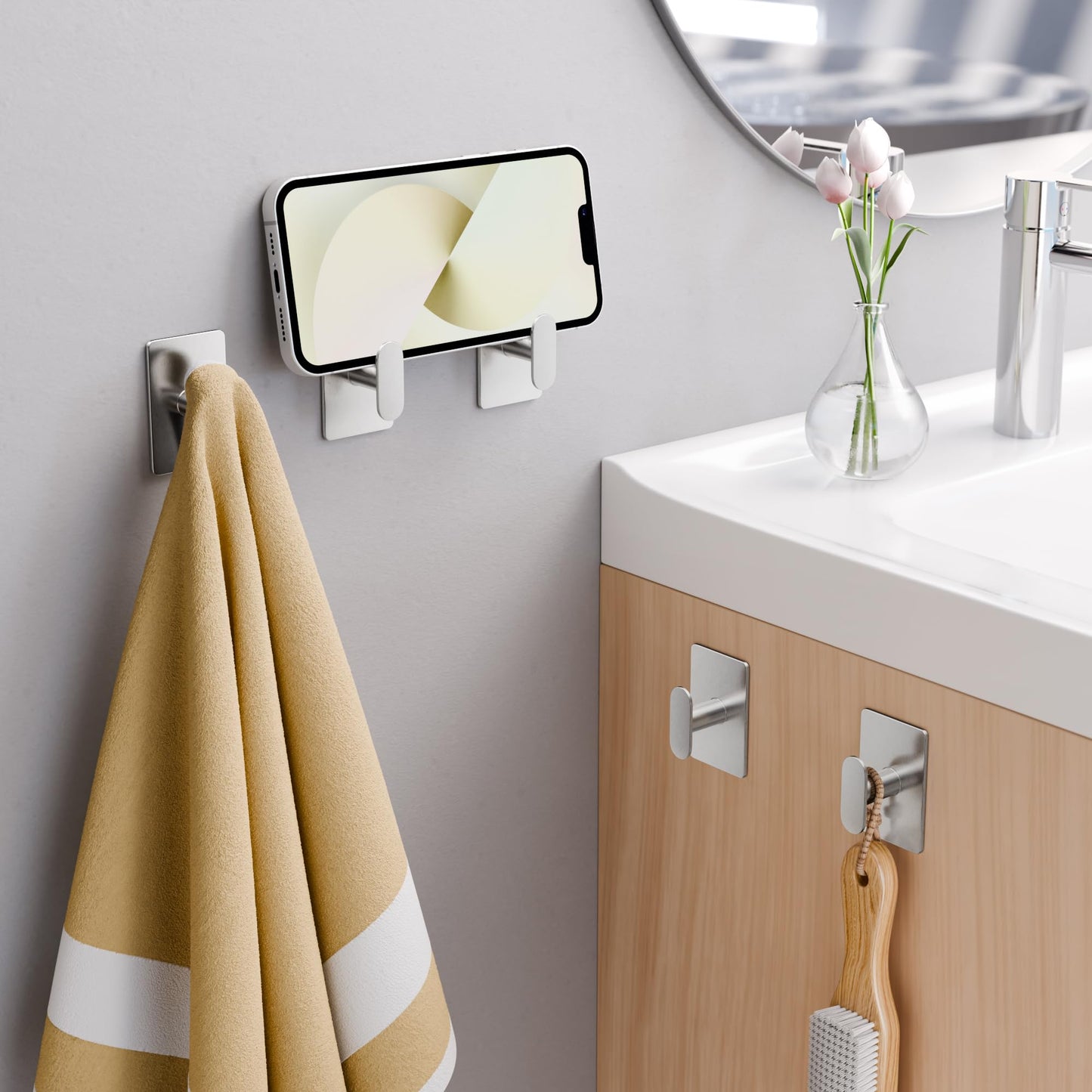 Adhesive Towel Hooks for Bathroom: 20LB Extra Strong Wall Hanger for Shower Kitchen RV Dorm Apartment, Silver 4 Pack