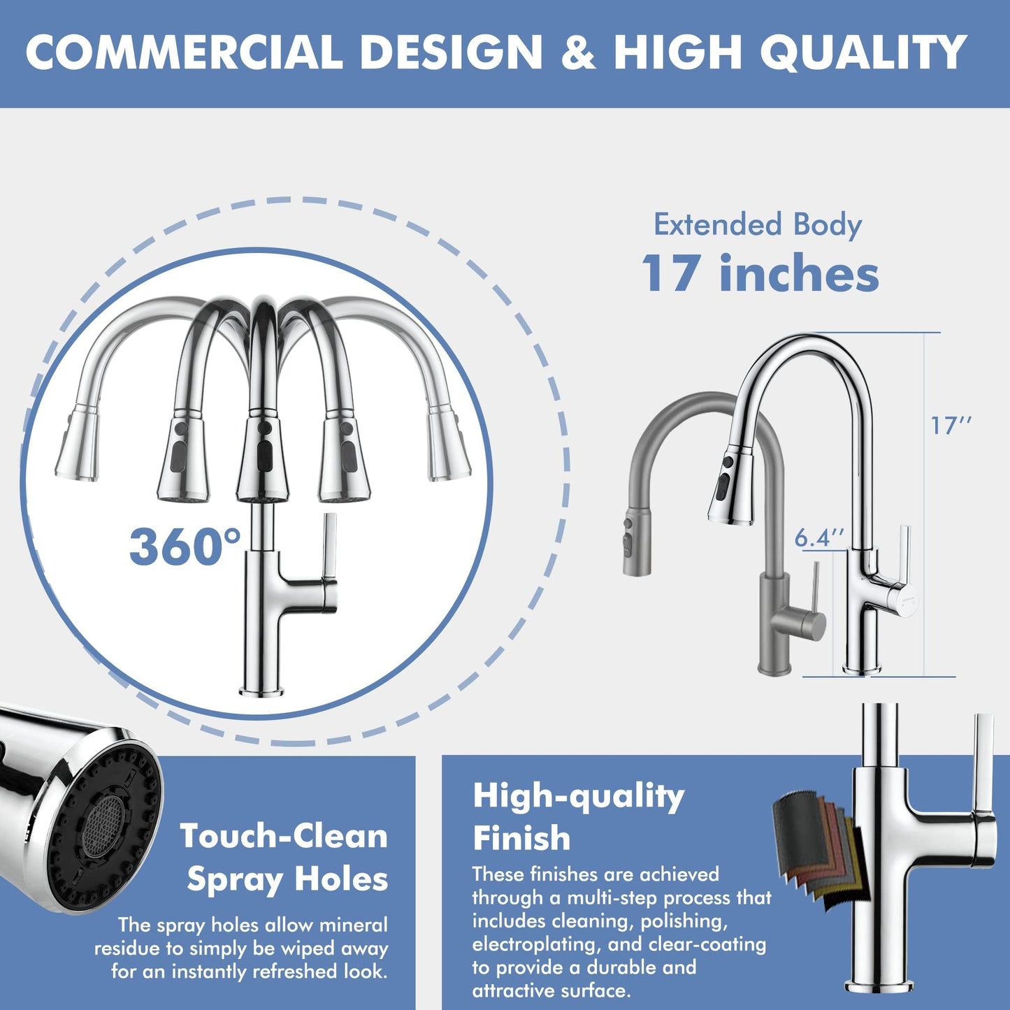 Lavatrum Kitchen Faucet with Pull Down Sprayer Tall Single Handle High Arc Kitchen Sink Faucet Faucet for Kitchen Sink 3-Function Sprayer 17 Inch,Chrome