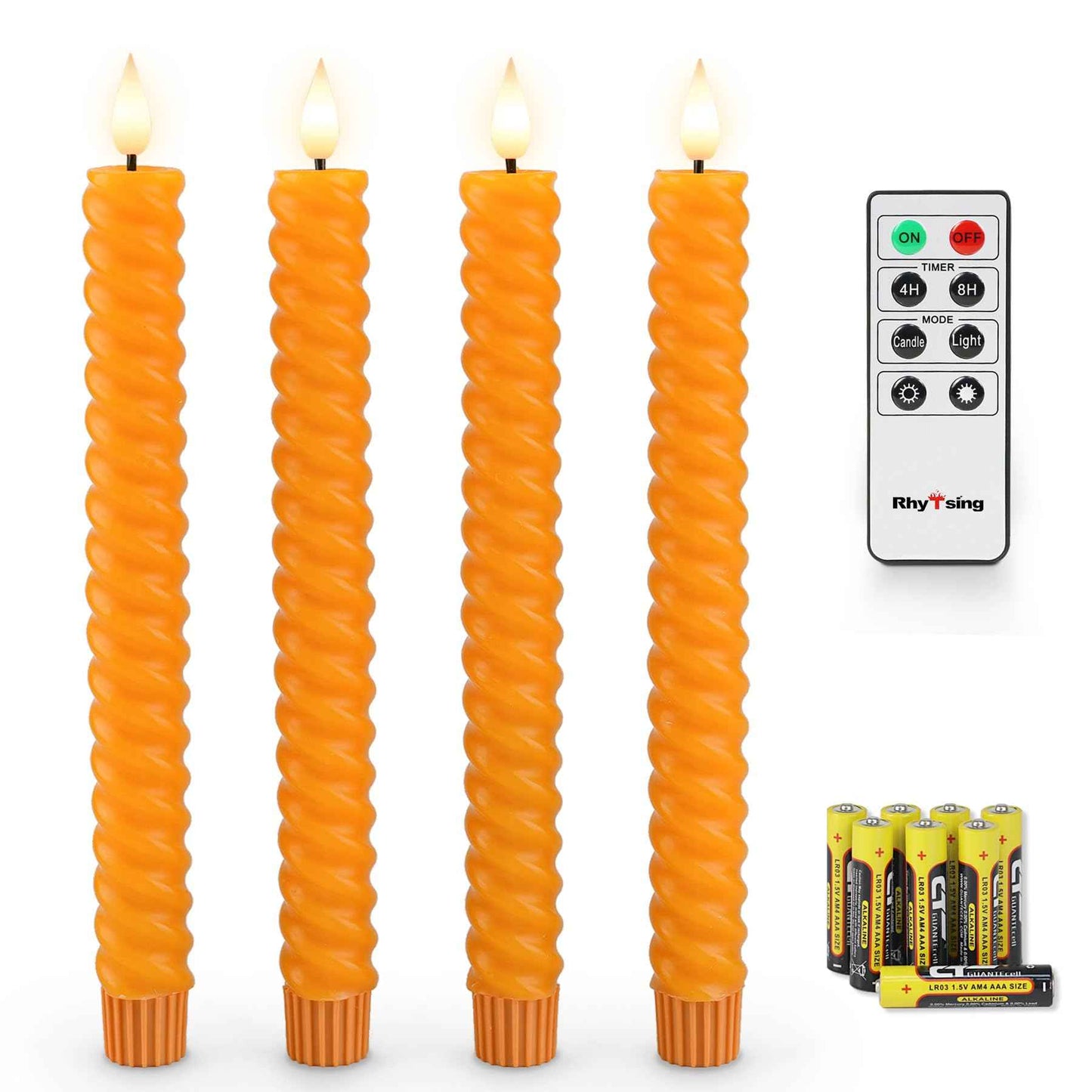 Rhytsing 10" Orange Flameless Twisted Taper Candles with Timer, Battery Operated Spiral Led Candlesticks for Fall and Halloween, Remote & Batteries Included - Set of 4