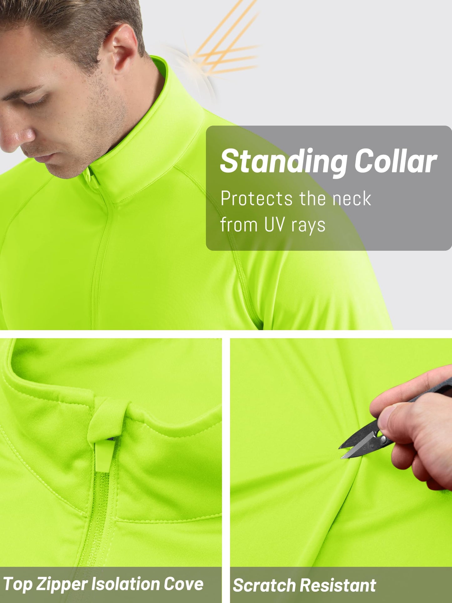 TACVASEN Men Long Sleeve Swim Shirts Sun Protection Quick Dry 1/4 Zip Pullover Running Workout Shirts Fluorescent Green M