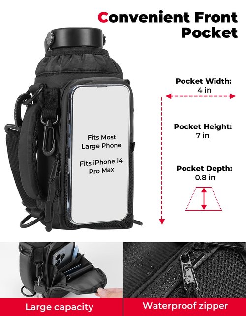KEMIMOTO Water Bottle Holder Bag, Water Bottle Carrier with Adjustable Shoulder Strap, Water Bottle Pouch Holder for Hiking, Compatible with YETI STANLEY SLM 32 oz, 40 oz (Black-1, Elastic Band-32 oz)