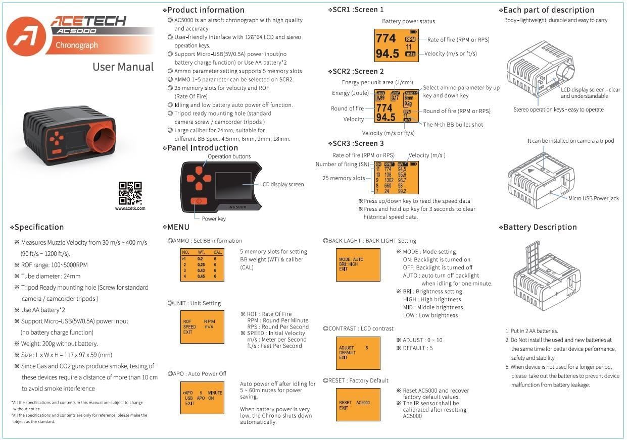 ACETECH Airsoft Chronograph AC5000 - Accurate BBS Speed Measurement for Gamers | Compact Design