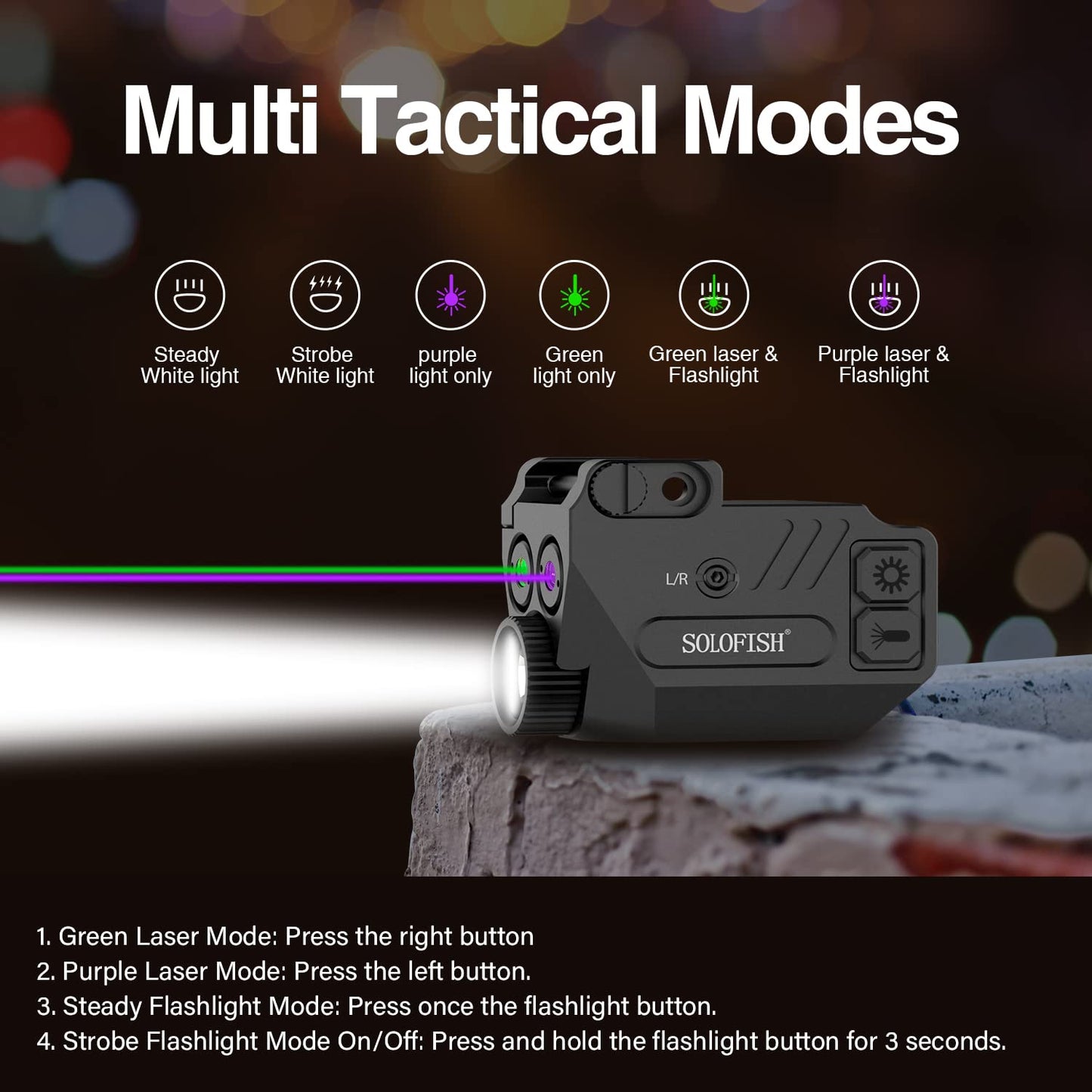 SOLOFISH 500 Lumens Pistol Light with Purple Green Laser Sight and Strobe Tactical Flashlight Combo, Weapon Light and Beams for Guns/Handguns W/a Rail