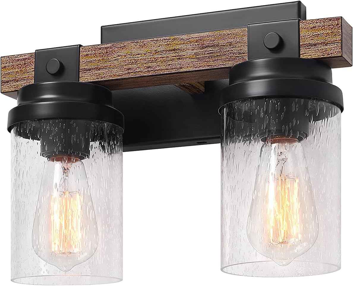 Farmhouse 2-Light Vanity Lights for Bathroom - Rustic Black Wood & Glass Sconces