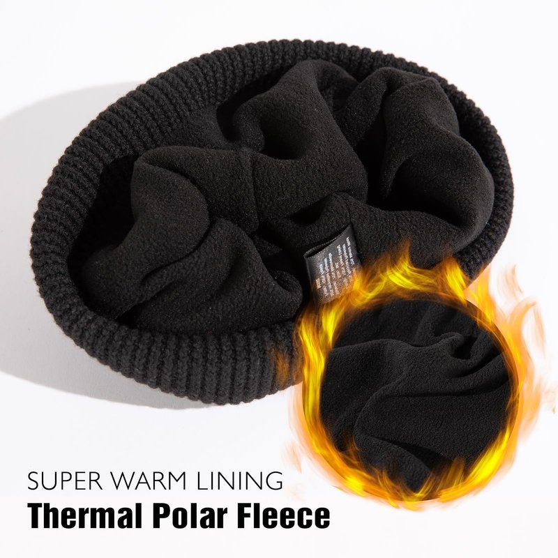 TOP-EX XL Winter Merino Wool Cuffed Beanie Hat for Men Women Warm Fleece-Lined Knit Skull Cap for Hiking Running Skiing Snow Thermal Hat for Cold Weather Extra Large for Big Head Black L/XL