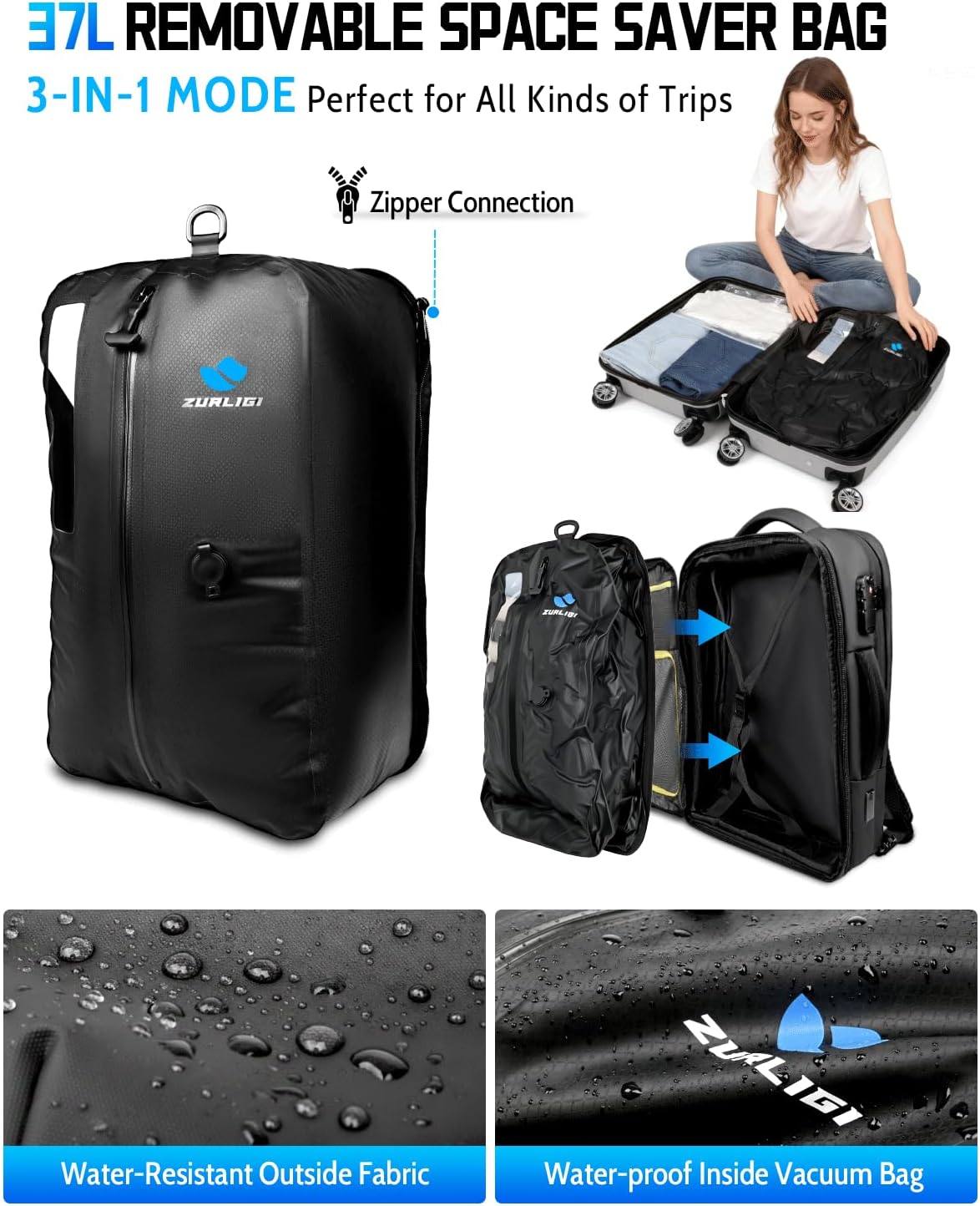 Zurligi Vacuum Backpack - Expandable 30-70L Compression Travel Bag with Pump & USB Charge Port (Black)
