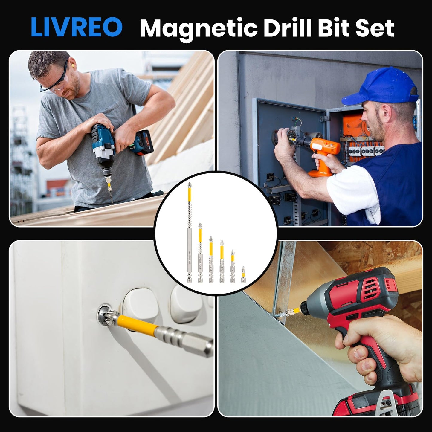 LIVREO High Magnetic Screwdriver Drill Bit Set, K5 Impact Resistant Non Slip Bit, Strong Magnetic Drill Bit Set, Anti-Slip Magnetic Electric Screwdriver Set, 25 50 65 70 90 150mm (6Pcs)