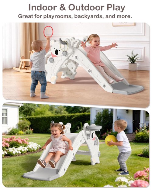 Babytronic Toddler Slide - 4-in-1 Indoor & Outdoor Playground with Climber, Basketball Hoop & Ring Toss - Cream & Gray
