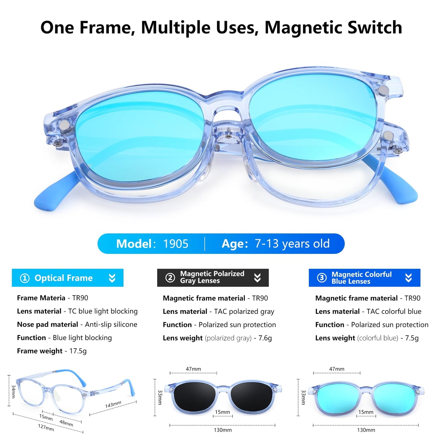 EYEBUDDY Kids Sunglasses for Boys Girls, Toddler Polarized Sunglasses for Age 3-12, Clip-on UV Protection Children Sun Glasses