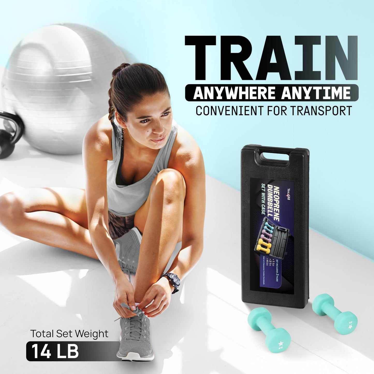 Yes4All Dumbbell Neoprene Set With Case, Weights Dumbbells Set & Hand – 1,2,4 lbs