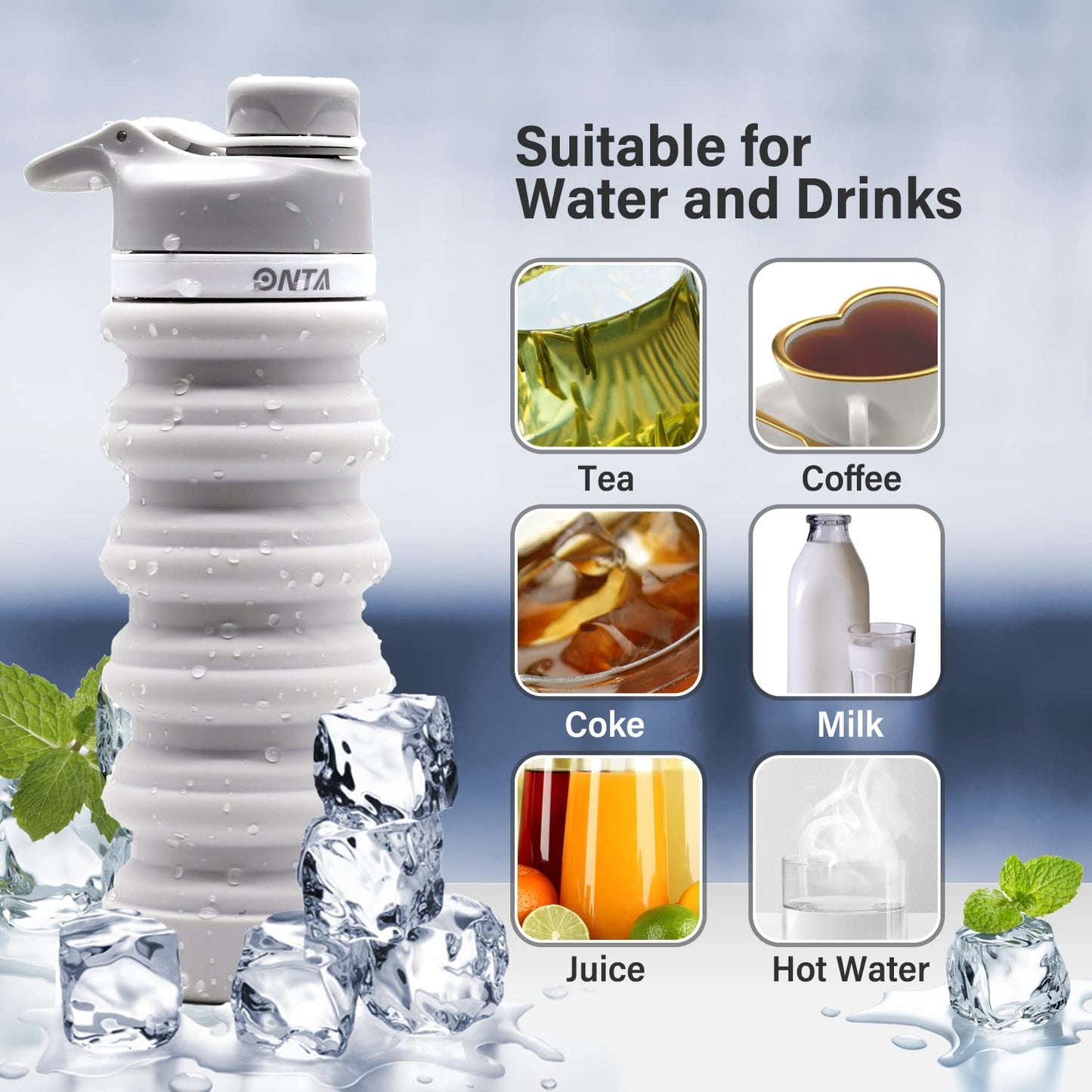 ONTA Collapsible Water Bottle- BPA Free Silicone Foldable Water Bottles for Travel,Silicone Portable Leak-Proof Travel Water Bottle 20 oz, Gray