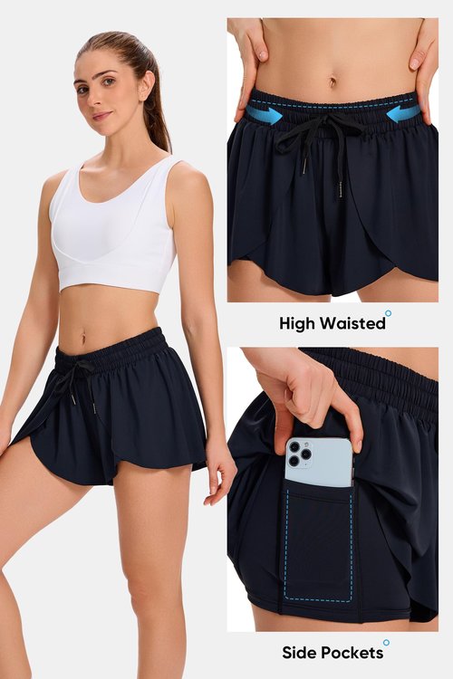 Flowy Running Shorts for Women Workout Athletic Gym Yoga Sport Active Wear Golf Hiking Bike Skort Sweat Pants Tennis Skirt with Pockets Spandex Cute Comfy Trendy Clothes Casual Summer Outfits Black M