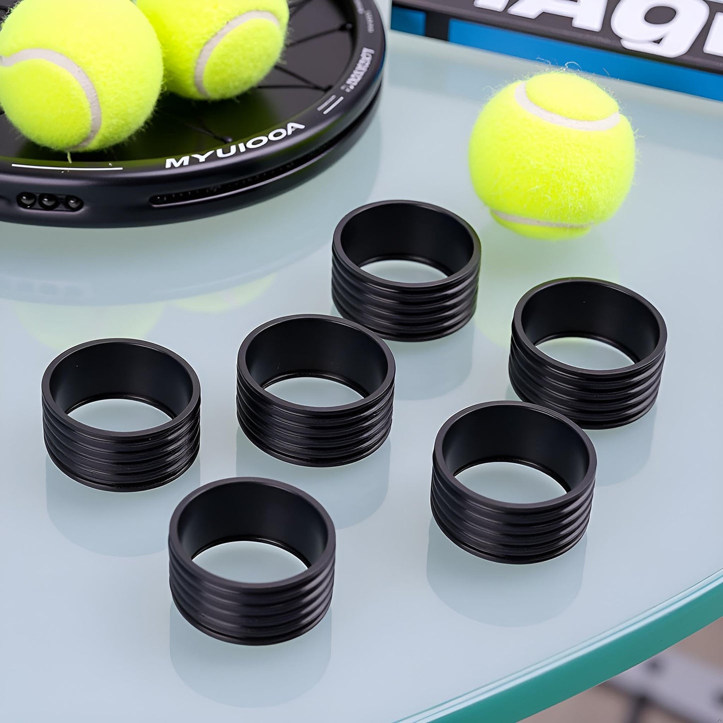 Myuiao 10Pcs Black Tennis Racket Handle Rubber Ring Stretchy Tennis Racquet Band Overgrips, Tennis Racket Grips, Racquet Accessories