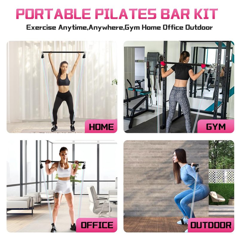 VEICK Pilates Bar Kit with Resistance Bands, Elastic Workout Bands for Men and Women, Set of 5 Resistance Loop Bands for Home Fitness, Stretching, Strength Training, Physical Therap, Light Pink