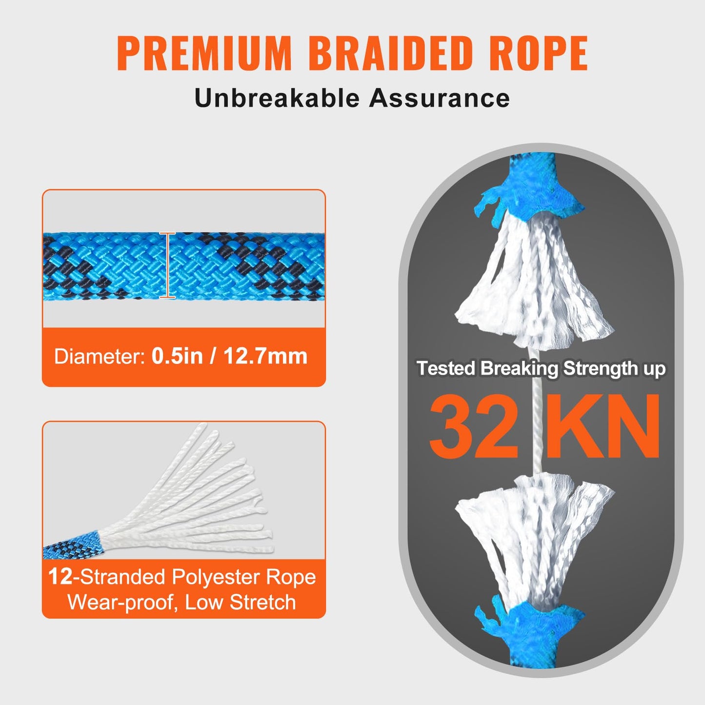 VEVOR 12.7mm Static Climbing Rope, 45.7M(150ft) Outdoor Rock Climbing Rope 30KN Breaking Tension, Fiber Rope for Escape, Rappelling, Fire Rescue, Blue