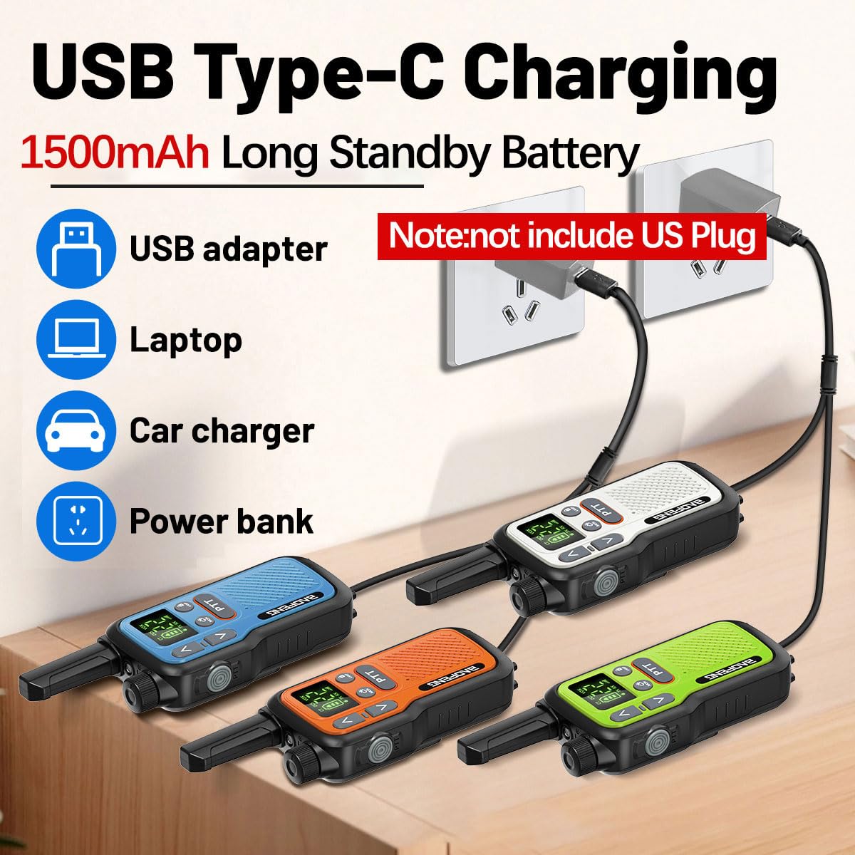 Walkie Talkies Long Range for Adults,Rechargeable Walkie Talkies FRS NOAA Family Emergency Walky Talky,Portable 2 Way Radios with Earpiece 1500mAh VOX USB-C Charger for Camping Hiking Cruise,4Pack