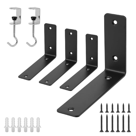 Redunest L Floating Shelf Brackets,4 Pack Heavy Duty L Brackets for Shelves, L 6" X H 4" Black Metal Countertop Support Brackets,Wall Mounting for Wood