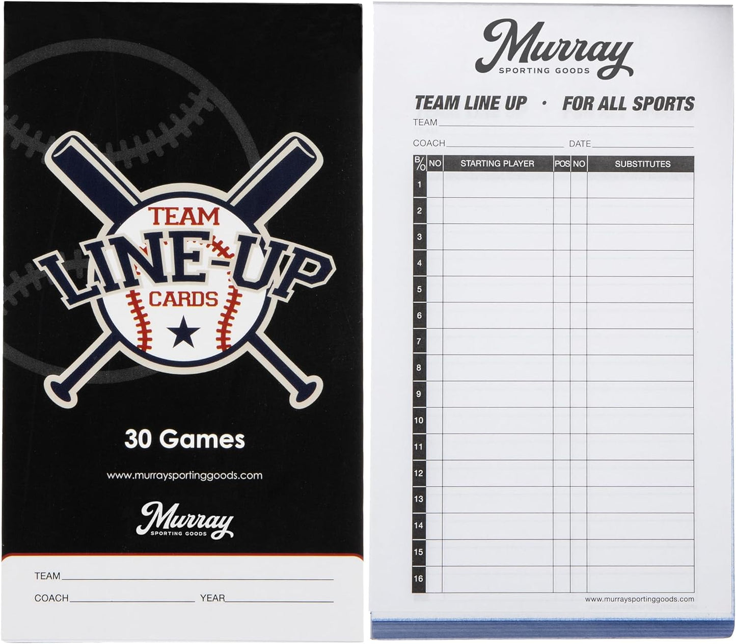Murray Sporting Goods Baseball/Softball Lineup Cards - 30 Games with 16 Player Roster Sheets