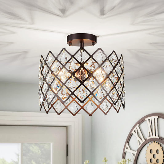 WUZUPS Crystal Chandelier 3-Light Semi-Flushmount Ceiling Light Modern Lighting Fixture for Bedroom Storageroom Hallway Bar Kitchen Dinning Living Room Bathroom, 13.4" Wide 11" High, Oil Rubbed Bronze