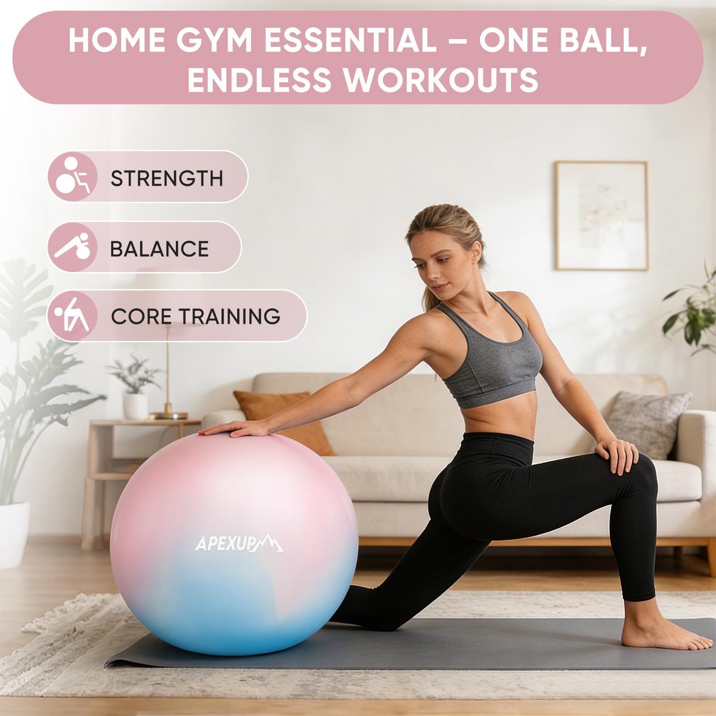 APEXUP Yoga Ball, 660 lbs Anti-Burst Exercise Ball with Pump, 5 Sizes (M (19"~22") 55cm, Blue Pink)
