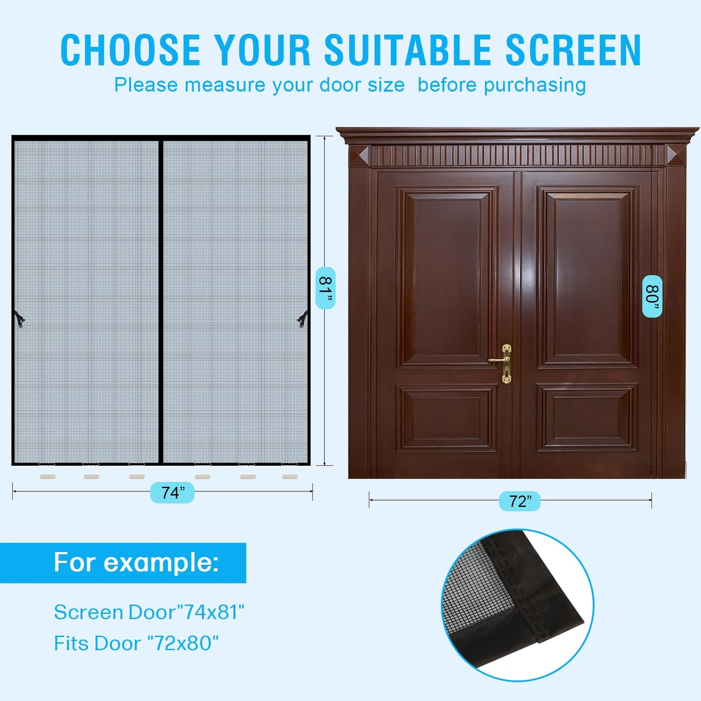 Cnynail Fiberglass Magnetic Screen Door for 72''x80'' Doors,Screen Size 74"x81" Self-Sealing with Strong Magnets, Anti-Tearing Reinforced Fiberglass Mesh Keeps Bugs Out Perfect for Front,Sliding Doors