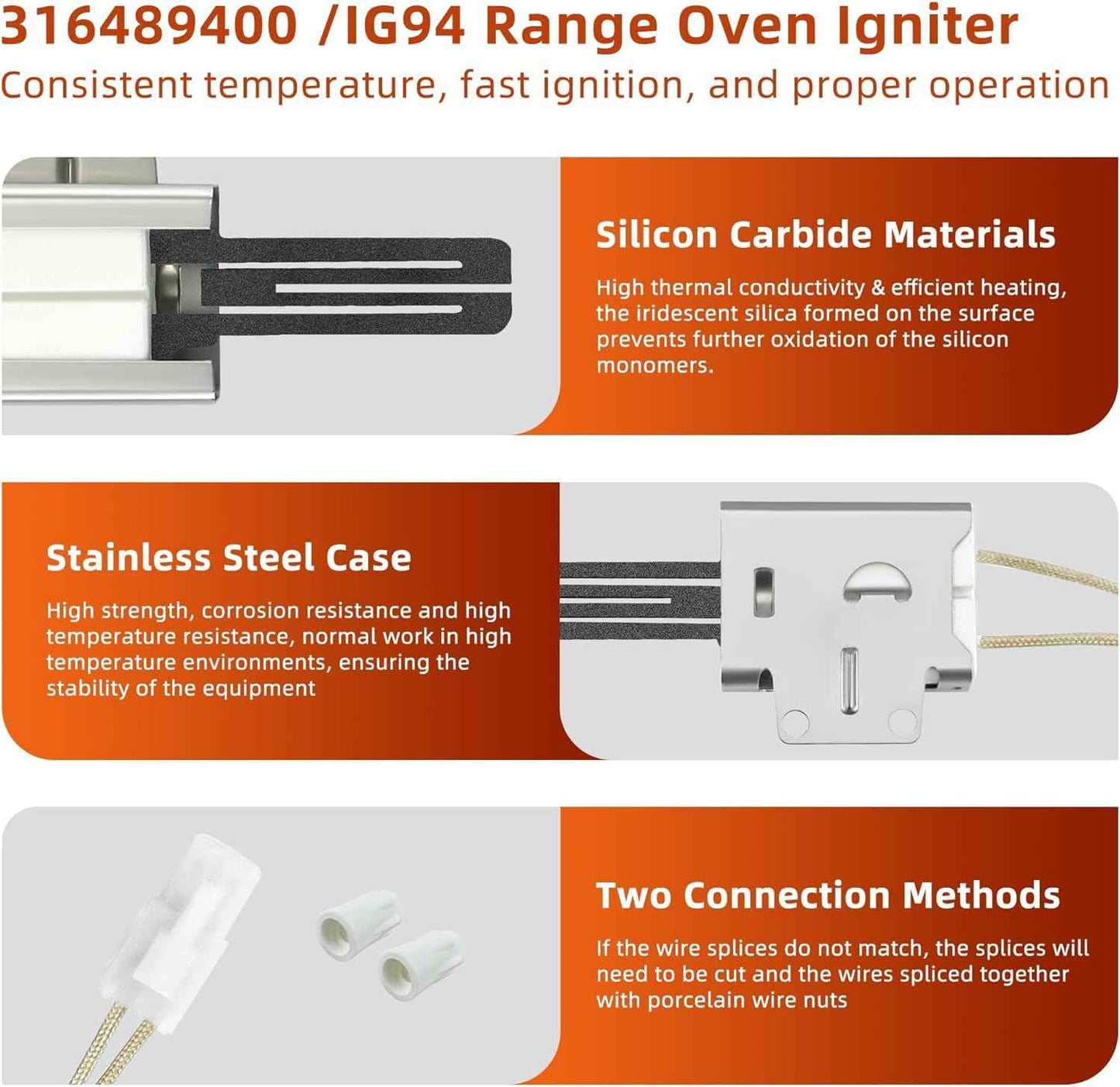 Durable Stove Oven Igniter Replacement 316489400 316489403 For Gas Stove Fit for Fri-gidaire Ken-more, Electr-olux, Cro-sley Range Oven Igniter, Replaces 5304534663, 316428500, 316428501 By Fetechmate