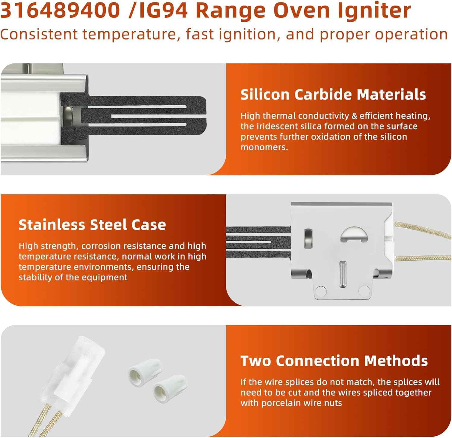 Durable Stove Oven Igniter Replacement 316489400 316489403 For Gas Stove Fit for Fri-gidaire Ken-more, Electr-olux, Cro-sley Range Oven Igniter, Replaces 5304534663, 316428500, 316428501 By Fetechmate