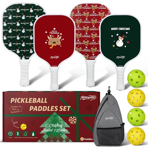 Amoswiz Pickleball Set of 4 – 2 Adult & 2 Kid Fiberglass Family Pickleball Paddles, Lightweight Honeycomb Core, Fun Gift Set with 4 Balls & Carry Bag for Beginners, Family Snow Man