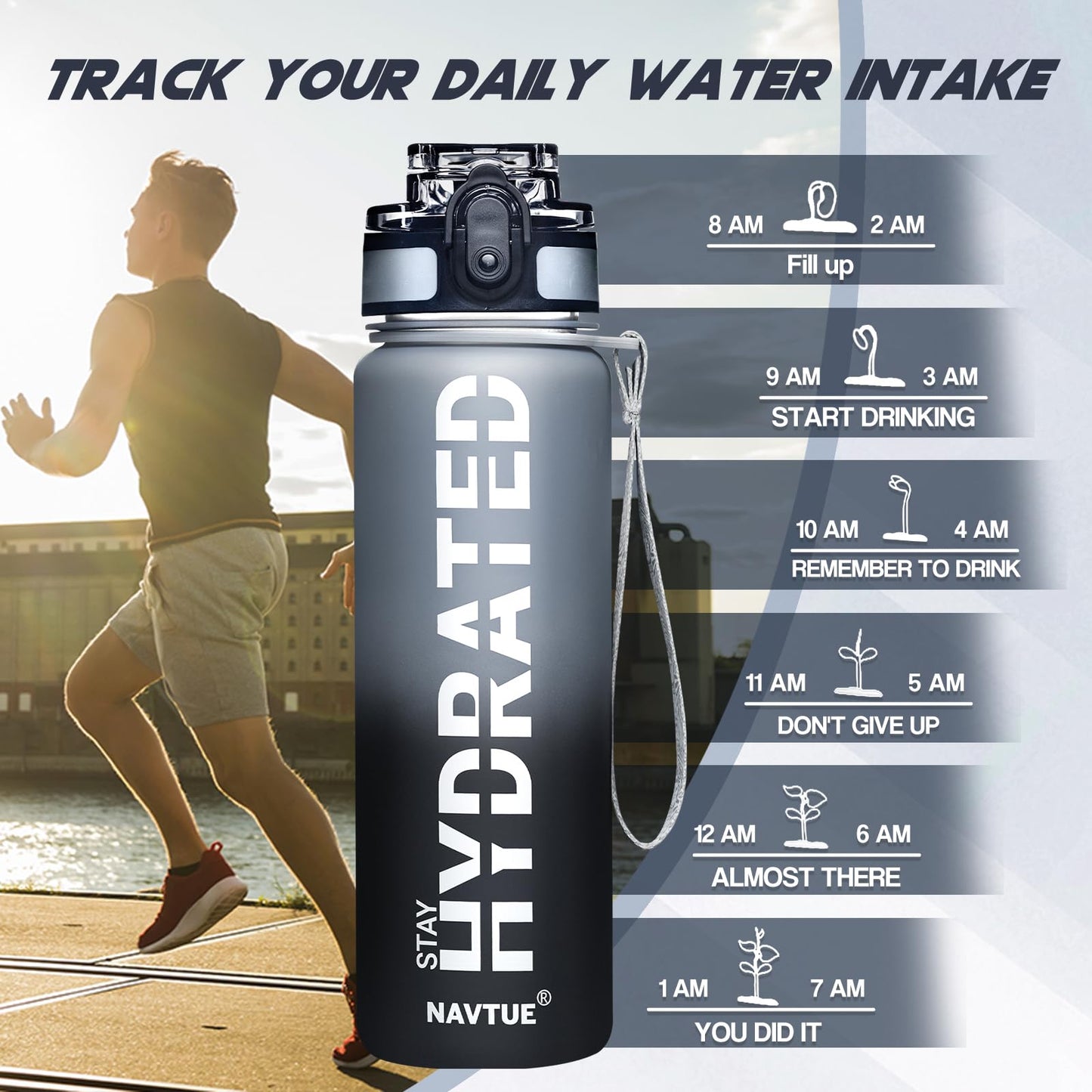 NAVTUE Water Bottle 16.9 oz Motivational Time Marker Tritan Bottle