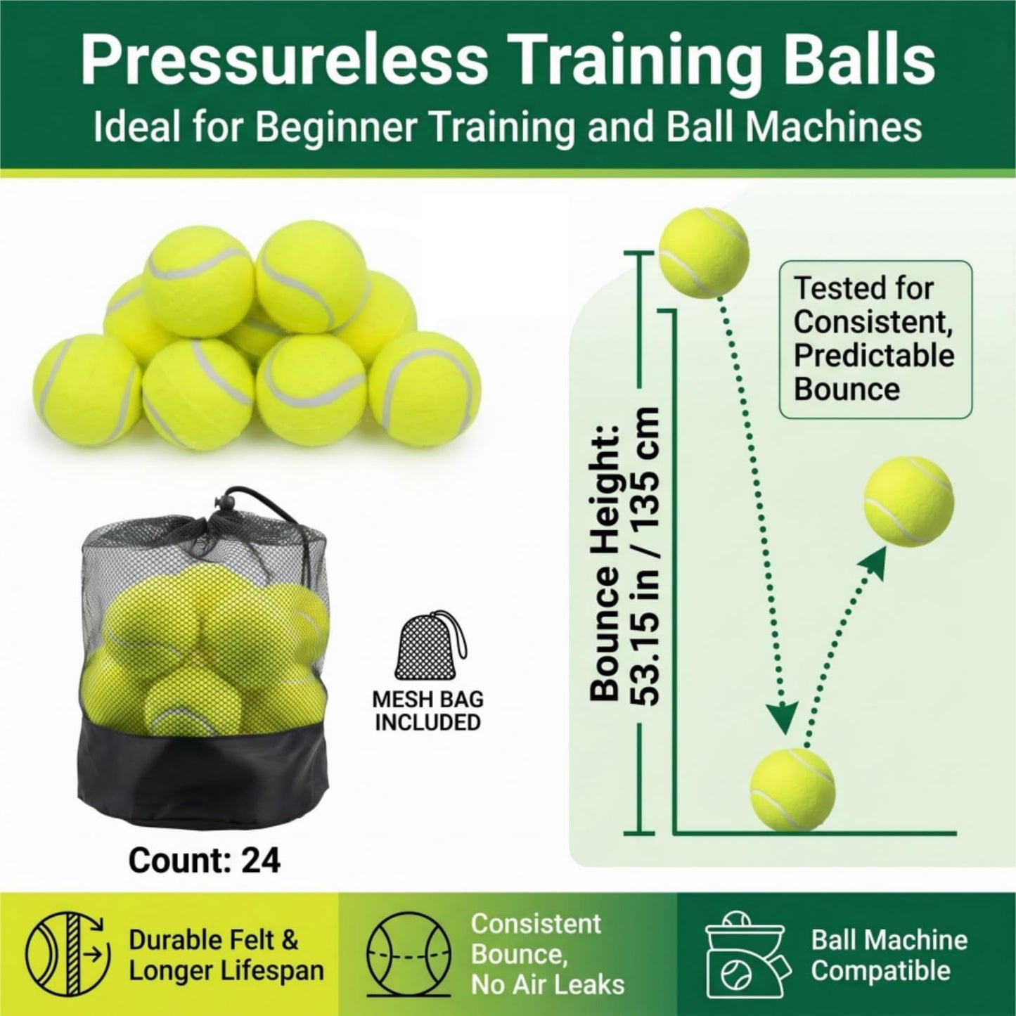Tebery 20 Pack Advanced Training Tennis Balls, Practice Ball for Beginners with Mesh Bag, Pet Dog Playing Balls for Backyard Play, Exercise