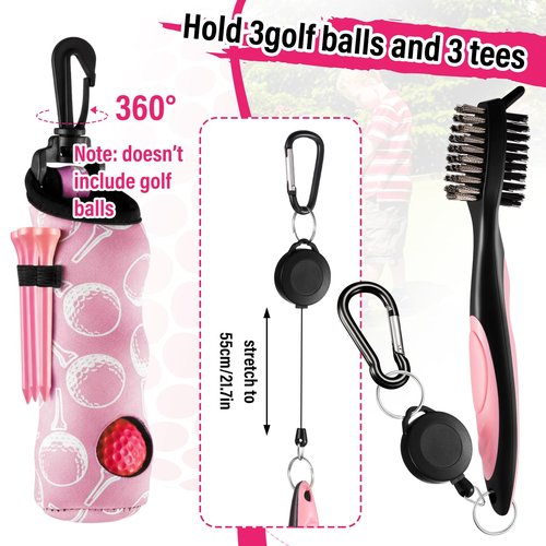 LaRandom 16 Pcs Golf Accessories Kit Include 4 Pcs Golf Club Head Covers, Ball Bag with Hook Towel Magnetic Ball Marker Tees Divot Tool Cleaner Brush for Gifts(Pink,Checkered)