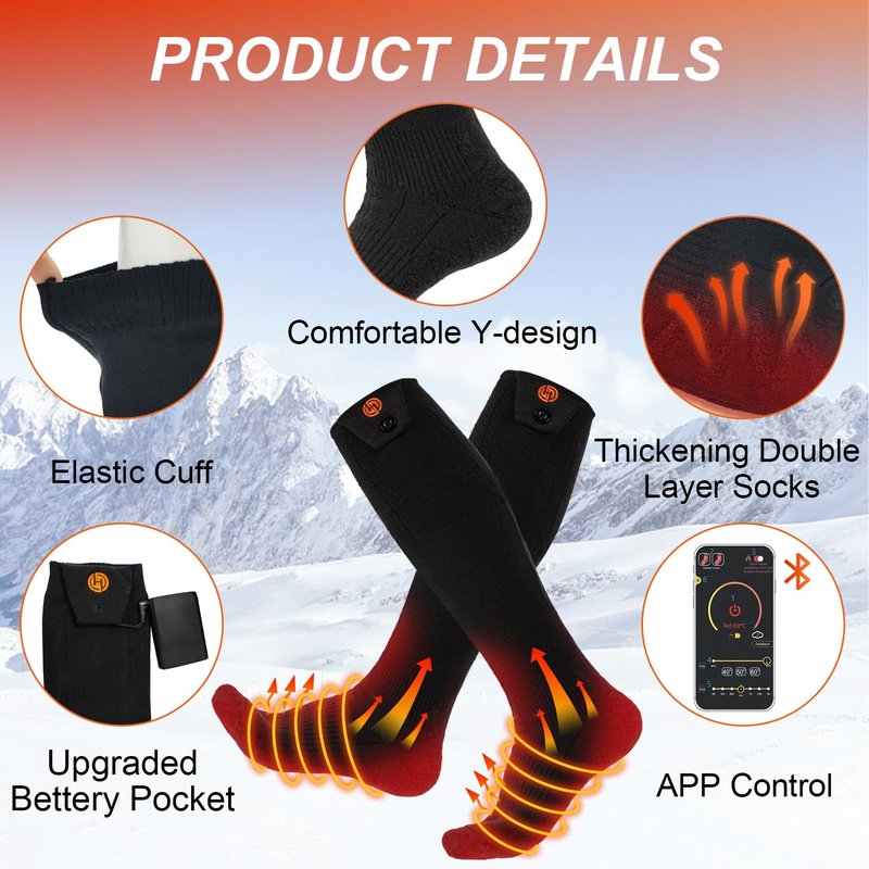 Heated Socks for Men Women APP Control Electric Heating Socks 8000mAh Rechargeable Battery Heate Thermal Socks for Winter Camping Fishing Cycling Skiing Hunting Hiking Black 2 Pair