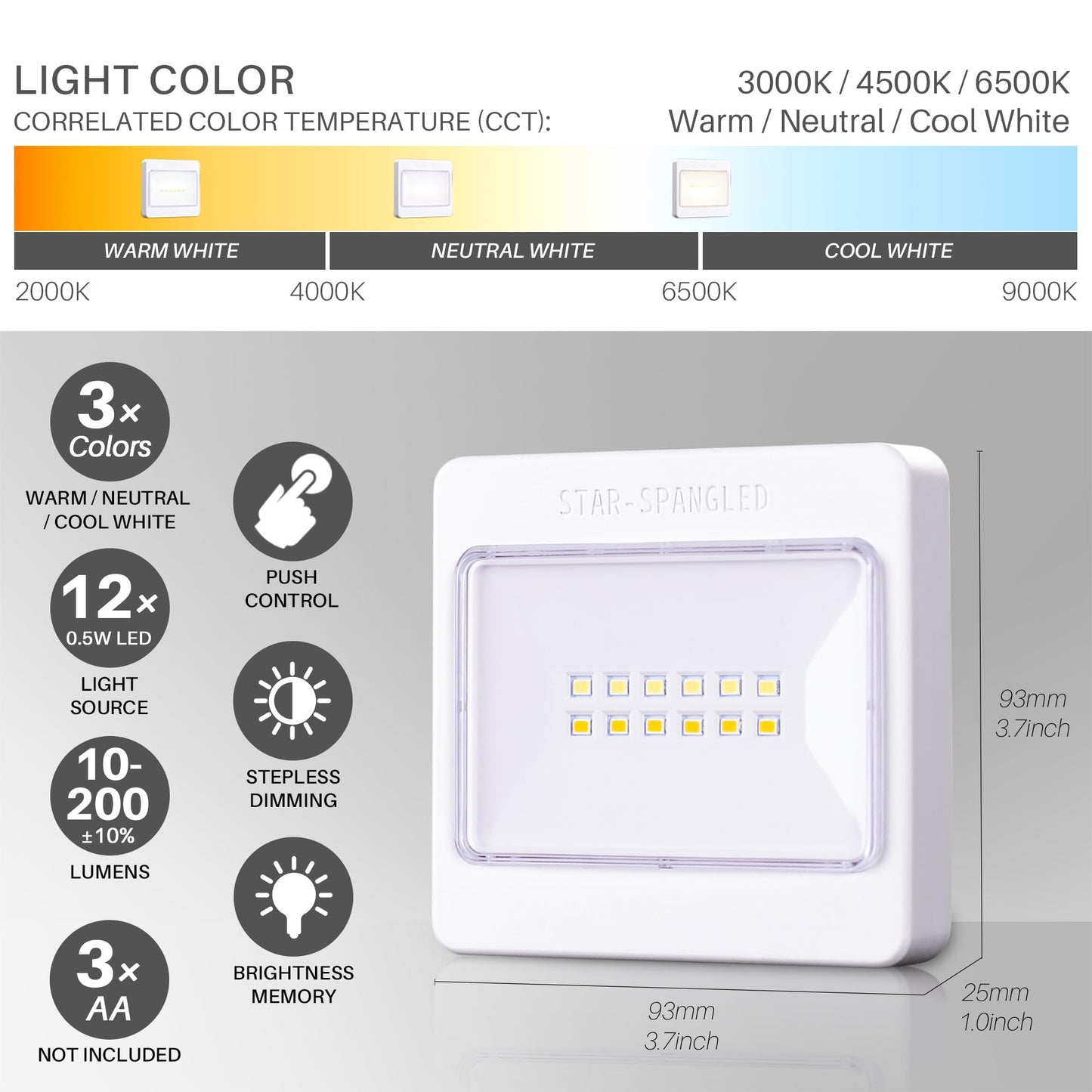 STAR-SPANGLED 3 Pack 3.7” Dimmable Push Tap Lights, Stick on LED Touch Lights AA Battery Operated, 3 Color Modes Sticky Button Lamps for Classroom, Kitchen, Under Cabinet, Closet