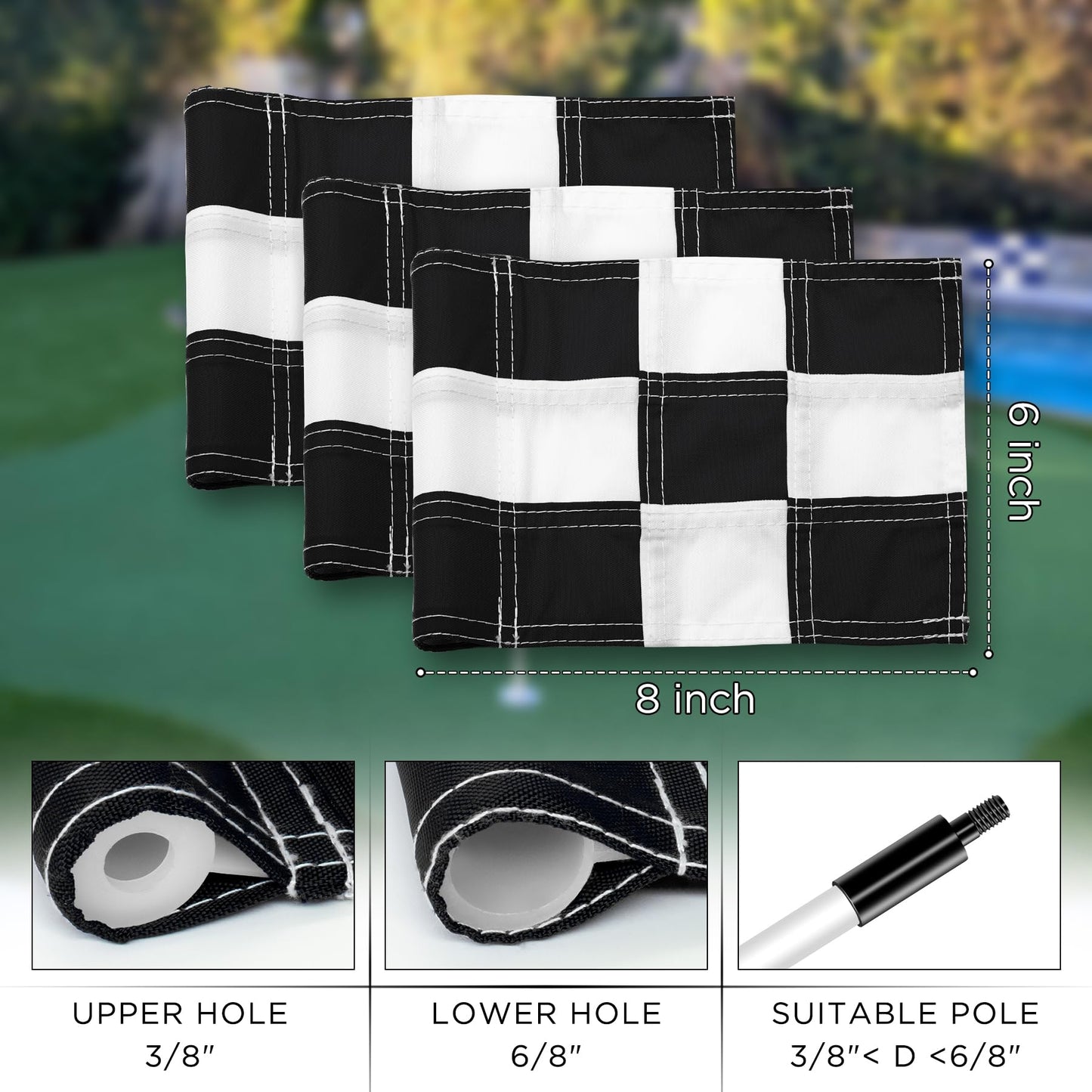 KINGTOP Checkered Golf Flag 8x6 Inch – Black/White Check, 420D Nylon, Tube Inserted – Mini Practice Putting Green Flags for Yard, 3-Pack