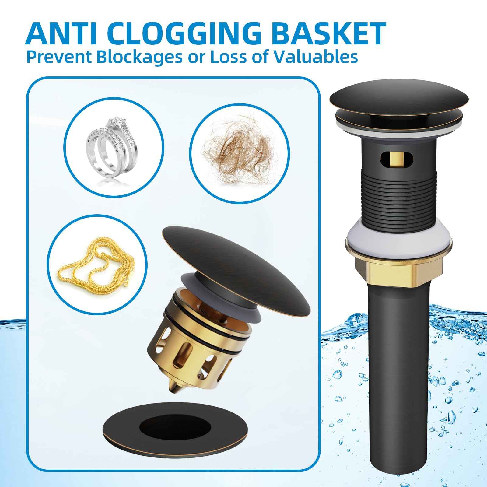 Yodel Faucet Bathroom Sink Drain with Overflow, Pop Up Drain for Bathroom Sink with Anti-Clogging Hair Catcher Basket,Oil Rubbed Bronze