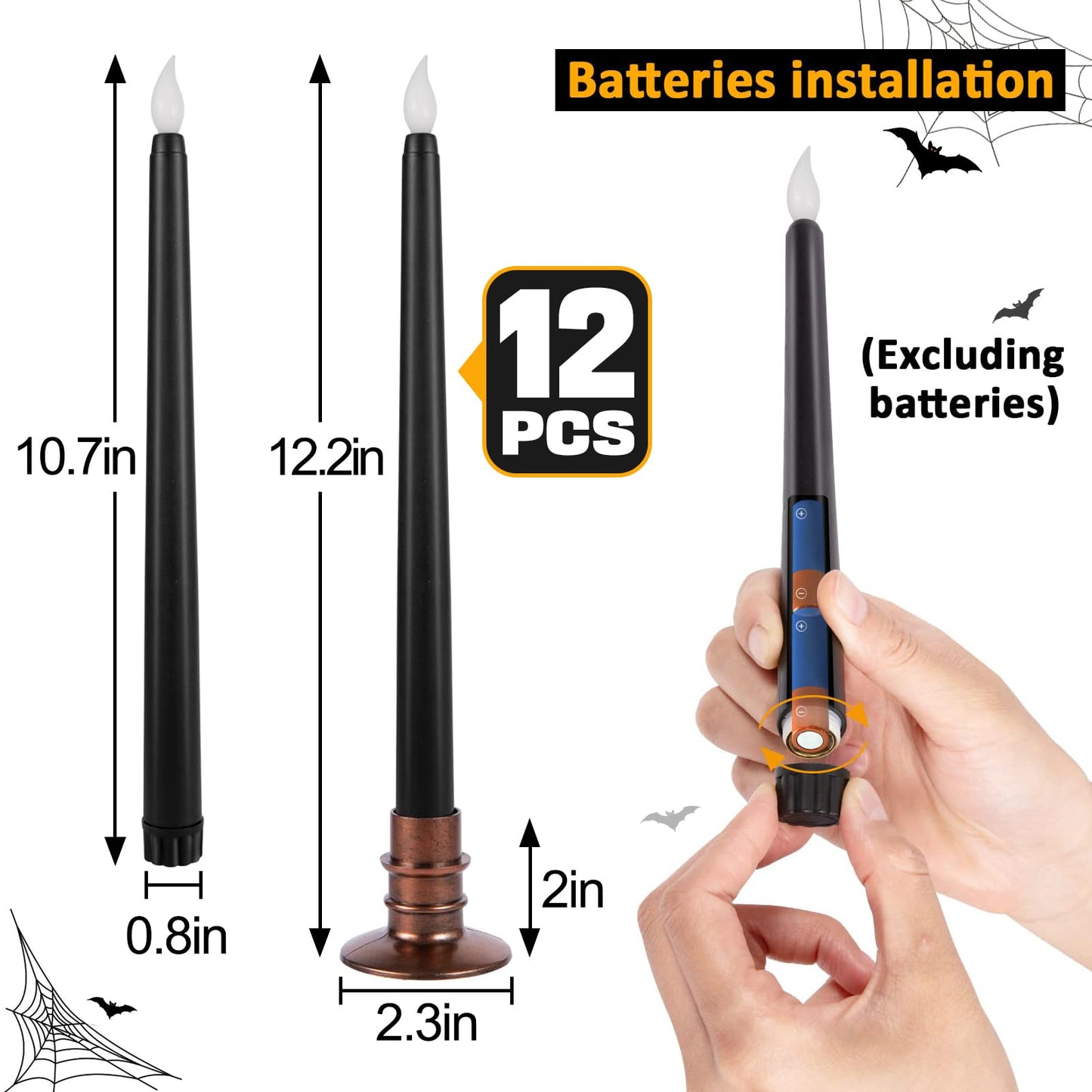 Alphatool 12 Pcs Halloween Black LED Flameless Candles with Bases - Flicker Flame, Tall Taper Smokeless Dripless Candles, Decor for Fireplace Diningtable Bar School