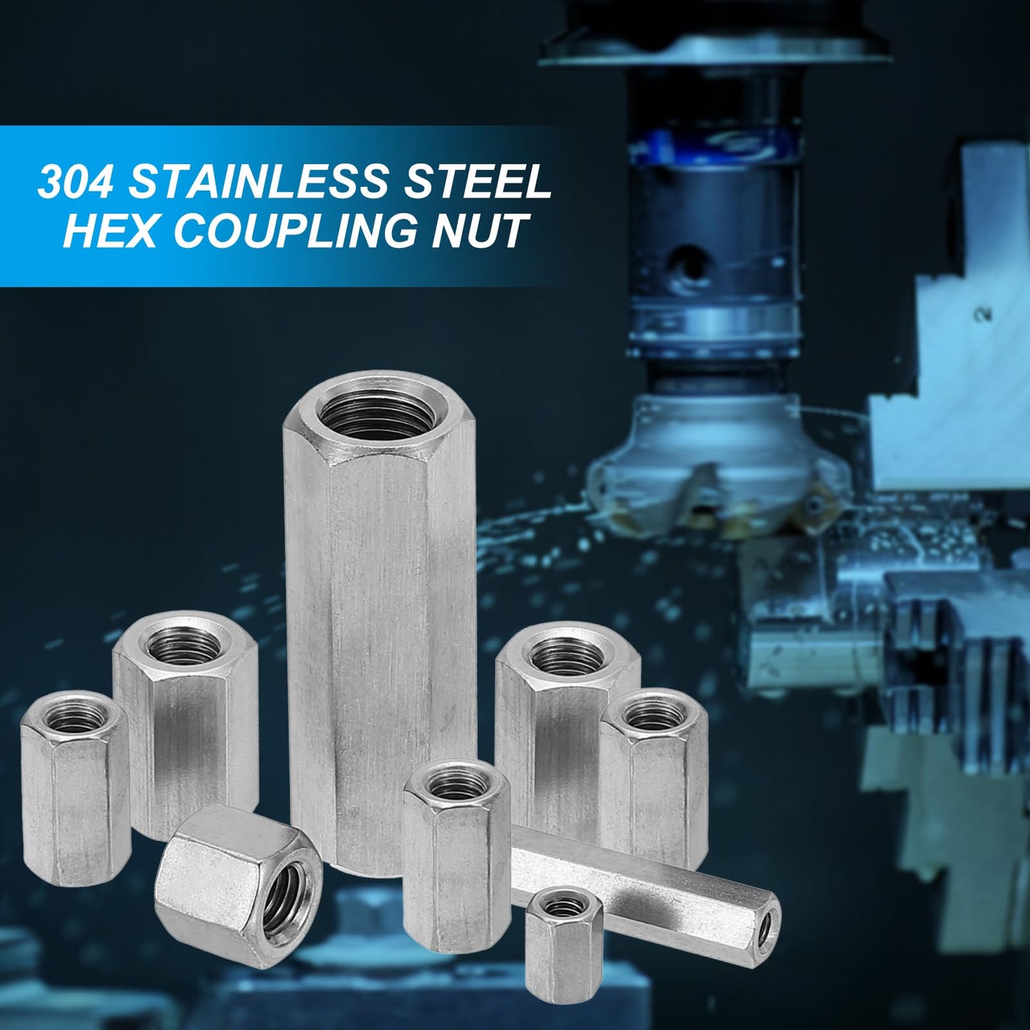 PATIKIL M6 x 1-Pitch 304 Stainless Steel Hex Coupling Nuts, 6Pcs 50mm/ 2" Length Coarse Fully Threaded Rod Coupling Nut Studding Connector Fasteners, Silver Tone