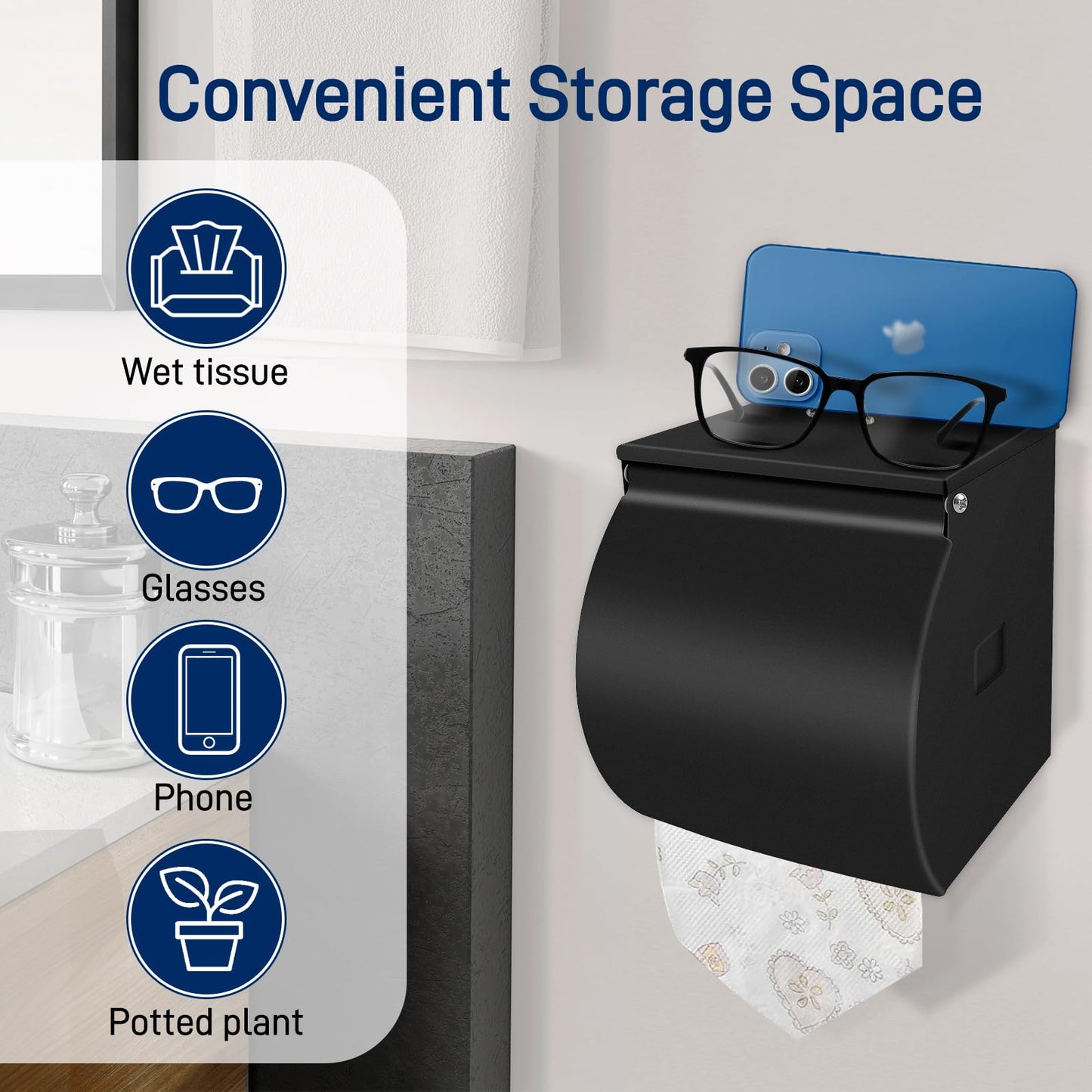 FARVIGOR Toilet Paper Holder Wall Mount, Self Adhesive Toilet Paper Holder with Shelf, Waterproof Stainless Steel Bathroom Toilet Tissue Roll Holder Cat Dog Proof, Black