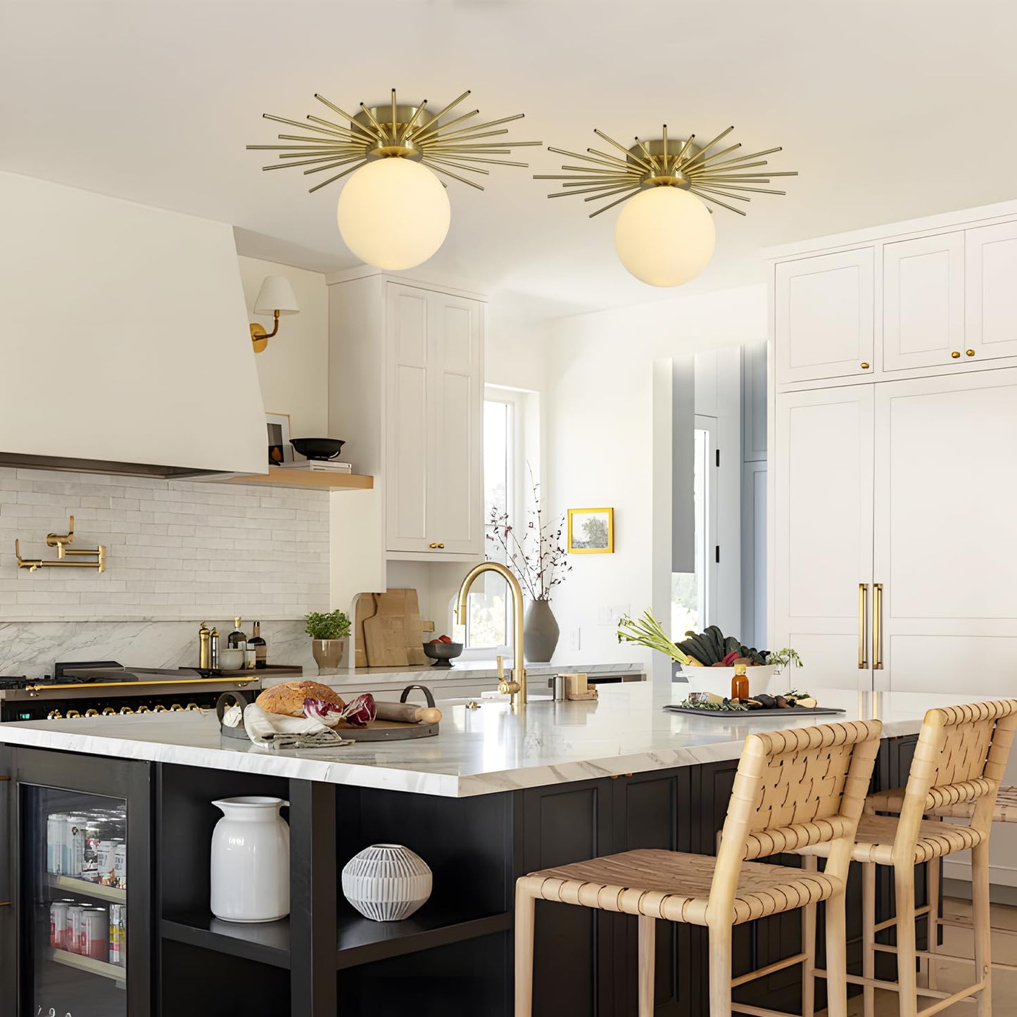 BOKT Modern Gold Semi Flush Mount Ceiling Light Mid Century White Glass Globe Ceiling Light Industrial Close to Ceiling Light Vintage Golden Ceiling Lamps Brushed Brass Hallway Light Fixtures