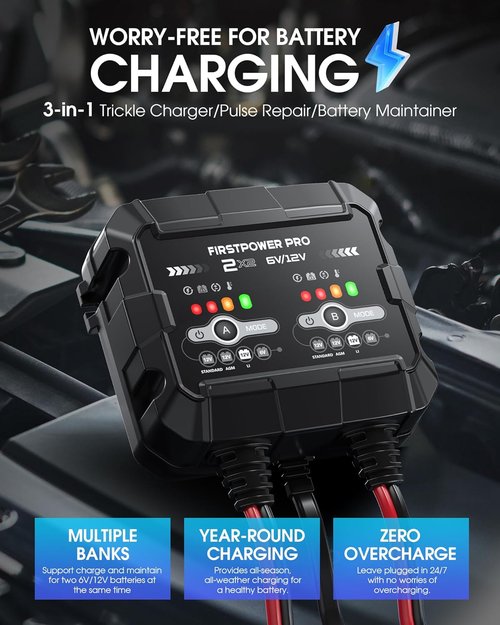 2-Bank Trickle Charger by [Brand Name] | 12V & 6V Automotive Battery Maintainer for Cars, Motorcycles & Lawn Mowers