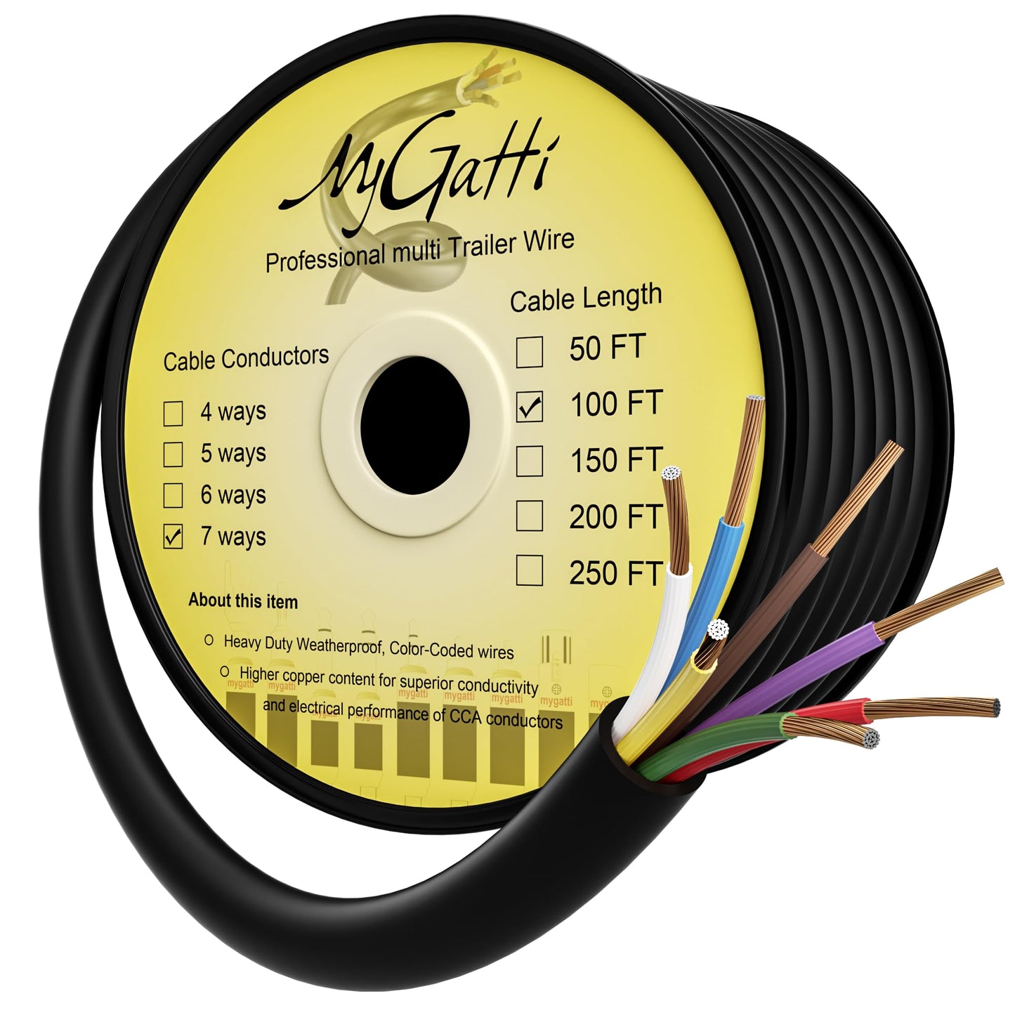 7 Way Trailer Wire 100FT, Heavy-Duty 14 Gauge Copper Clad Aluminum Cable, 14AWG 7 Pin Trailer Wiring with Color-Coded Jacket, Insulated Stranded Extension Cable for Utility Trailer, RV, Automotive